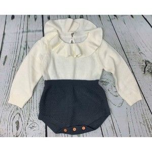 Baby Girls Long Sleeve Knitted Romper Jumpsuit Bodysuit 6 12 M White Navy